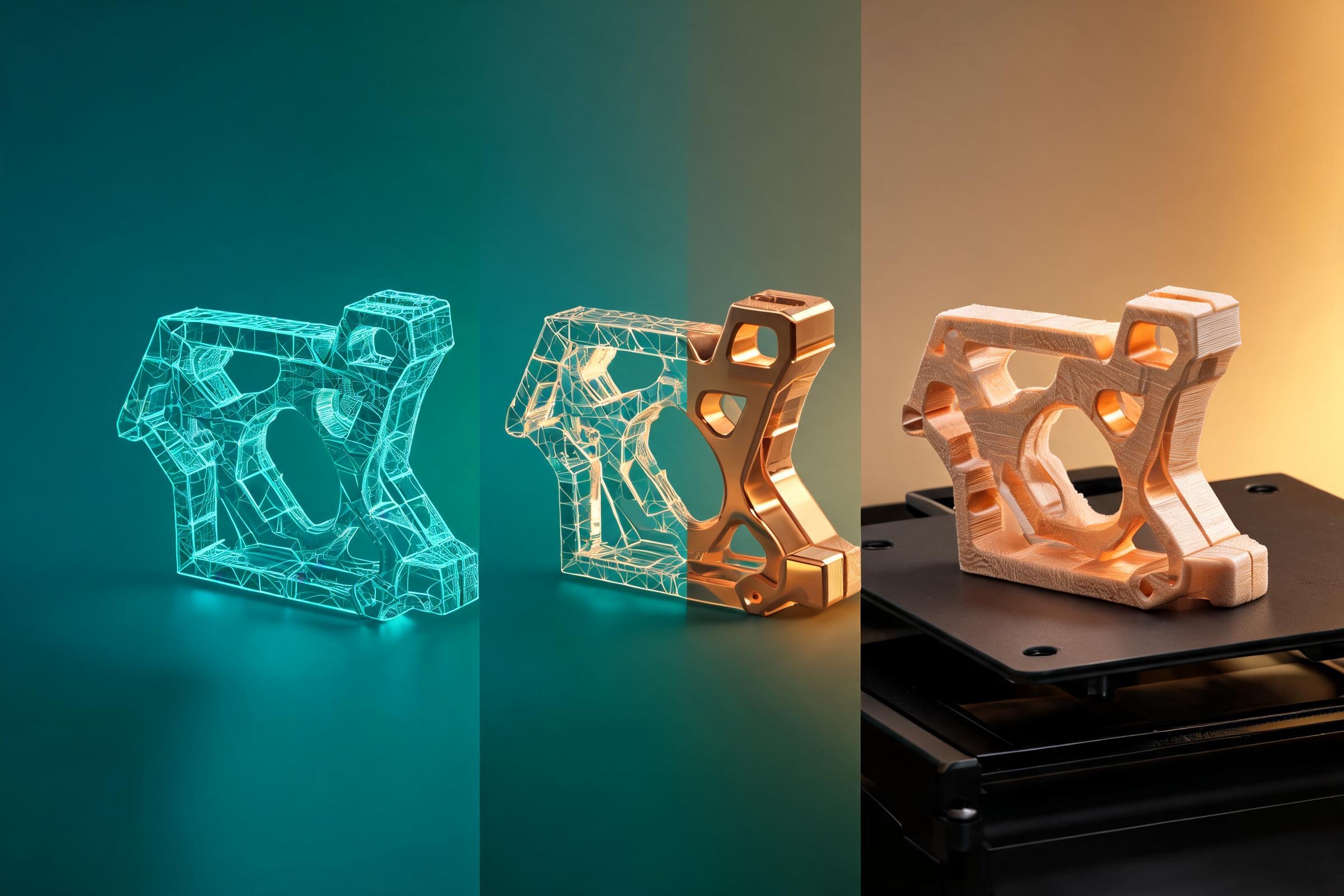 The same bracket appears in translucent cyan, amber, and beige material treatments on a dark work surface.