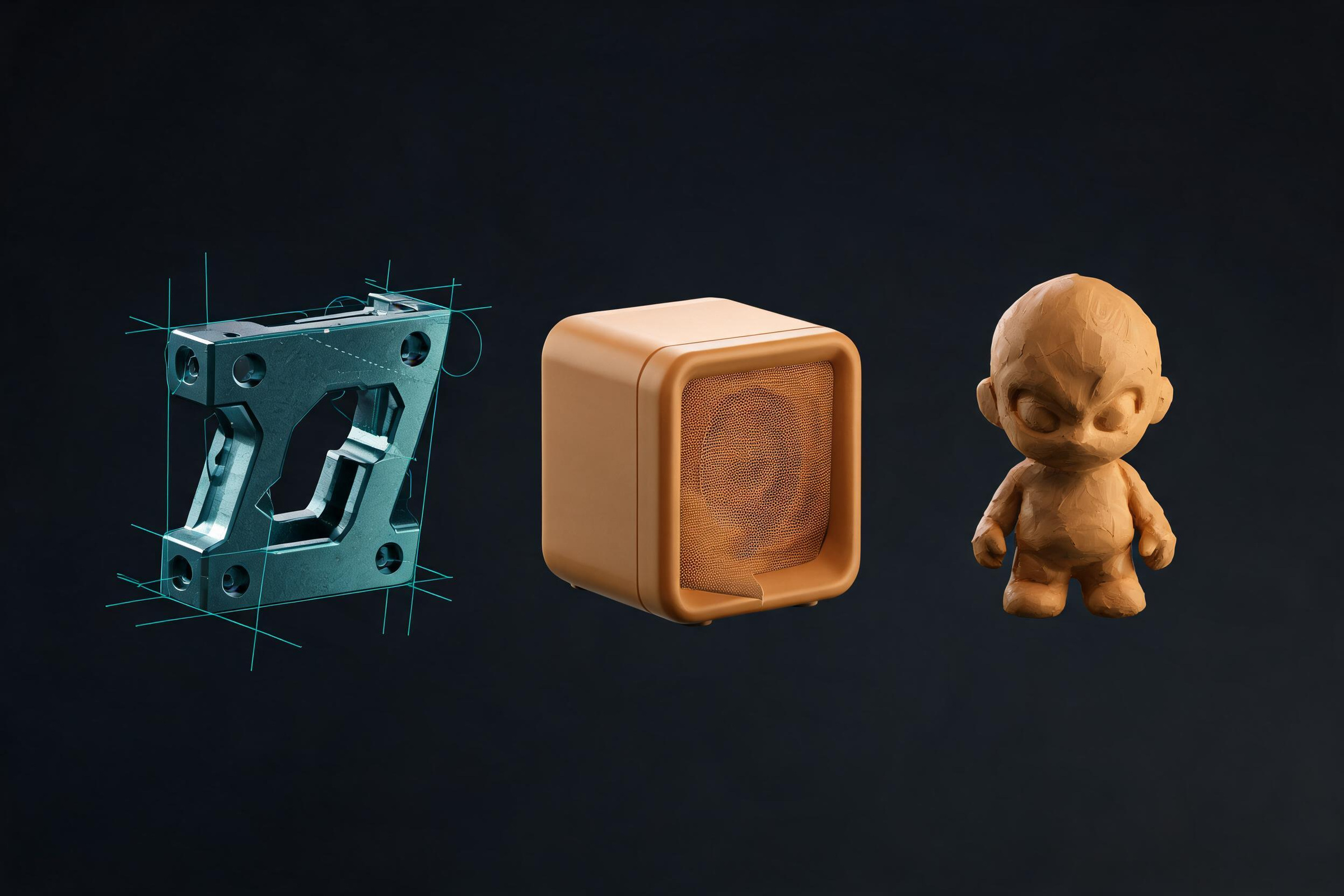 A cyan mechanical bracket, amber enclosure, and beige figurine represent different material and application needs.