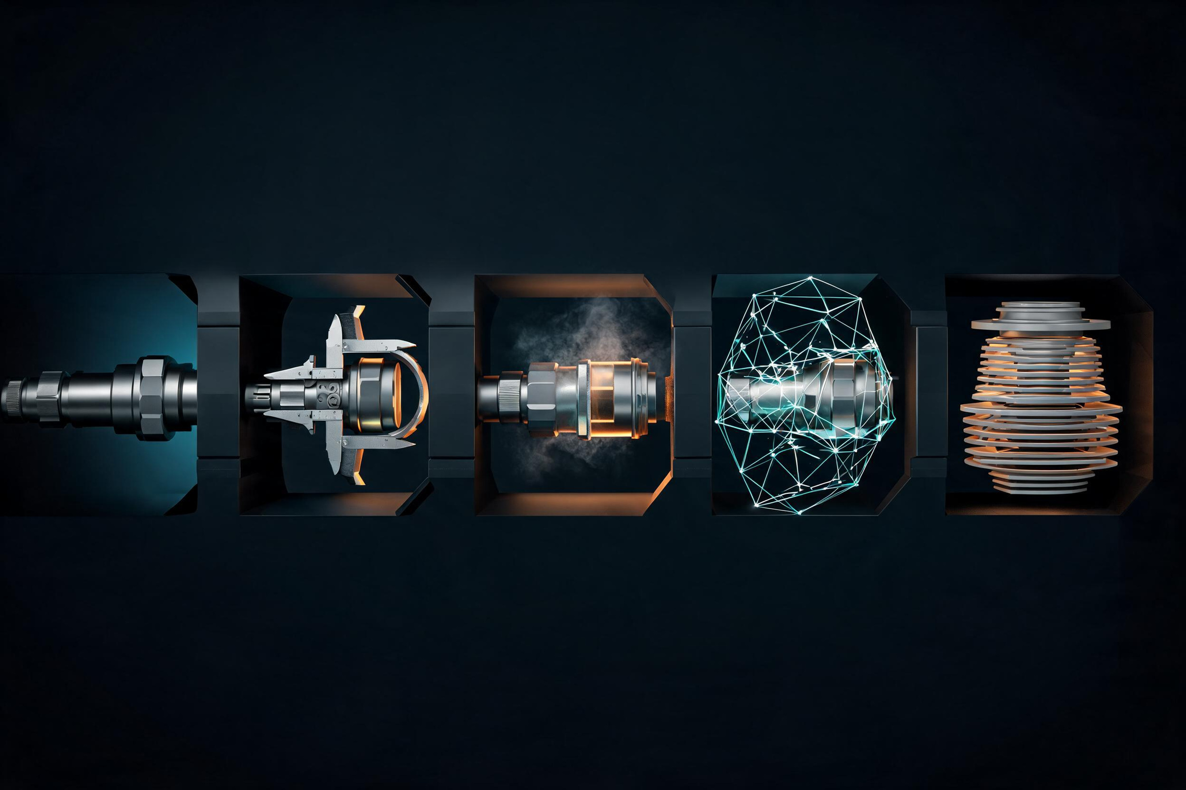 A five-stage montage shows feedstock handling, a bracket, an amber process view, a cyan mesh, and a filament spool.