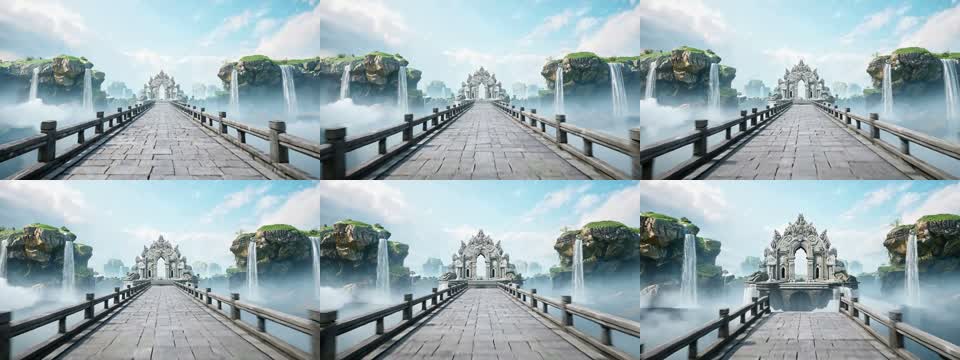 Contact sheet of 3D environment review frames illustrating iterative world-building