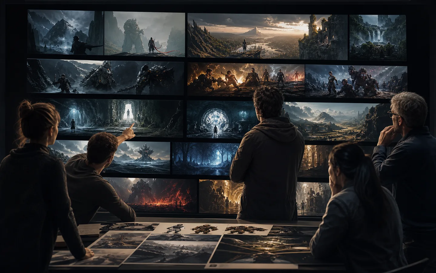 AAA game launch-trailer planning visual showing lp product proof
