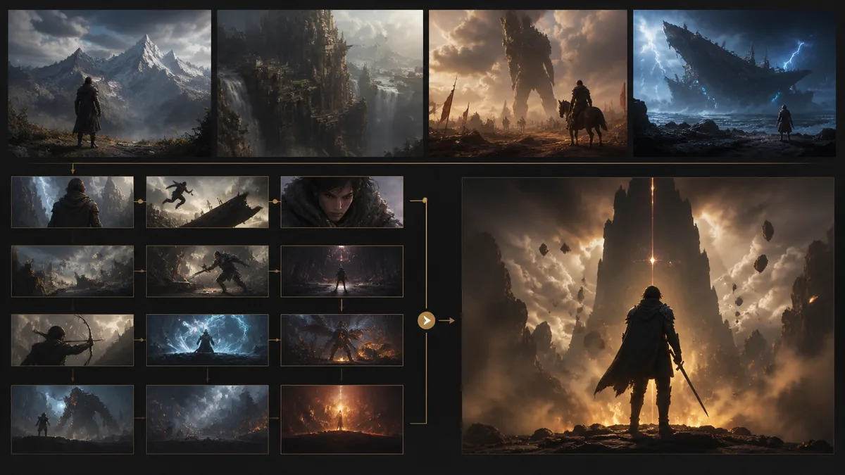 AAA game launch-trailer planning visual showing lp scenario 01