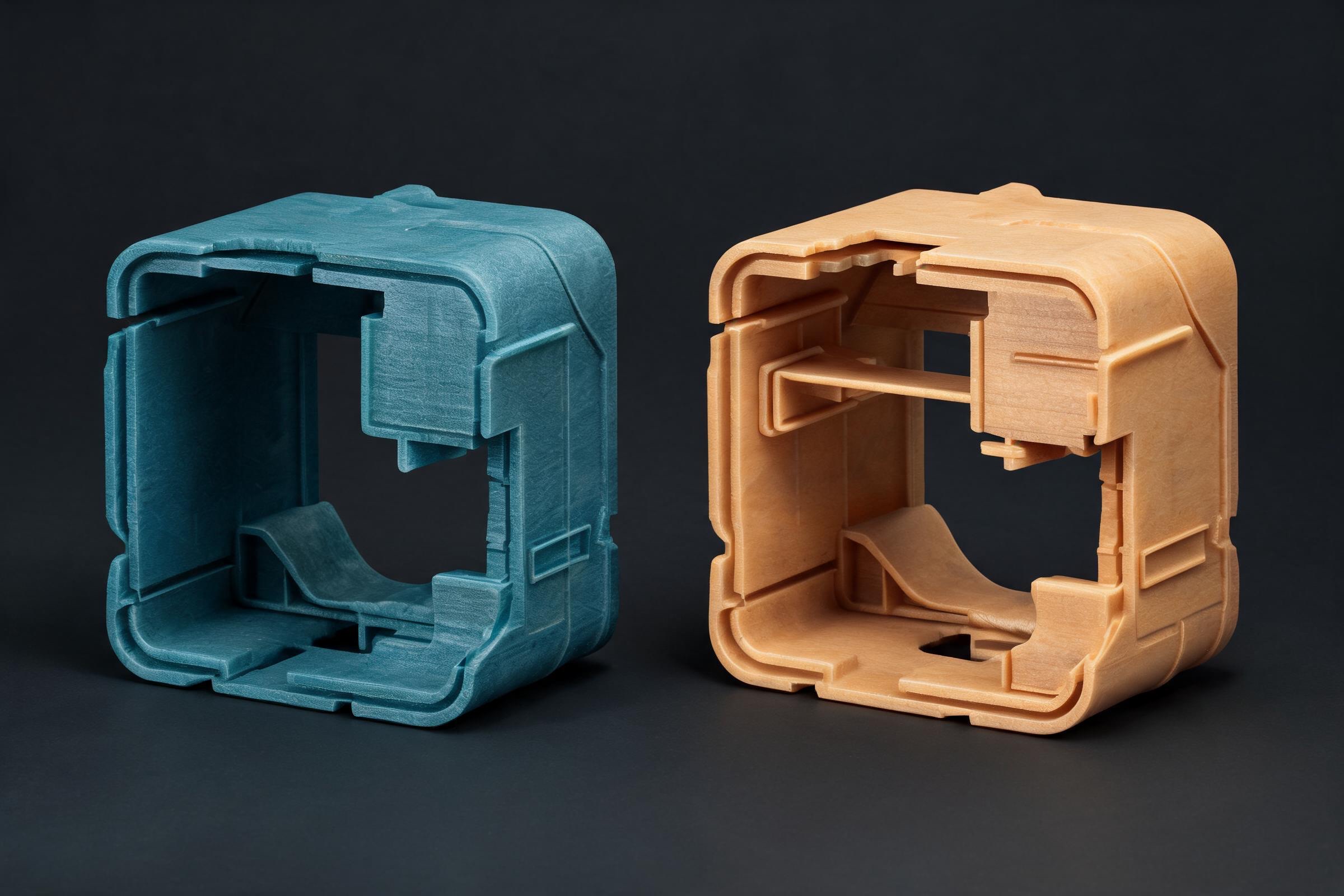 Two enclosure prototypes compare a rough cyan shell with a refined beige housing and internal mounting features.