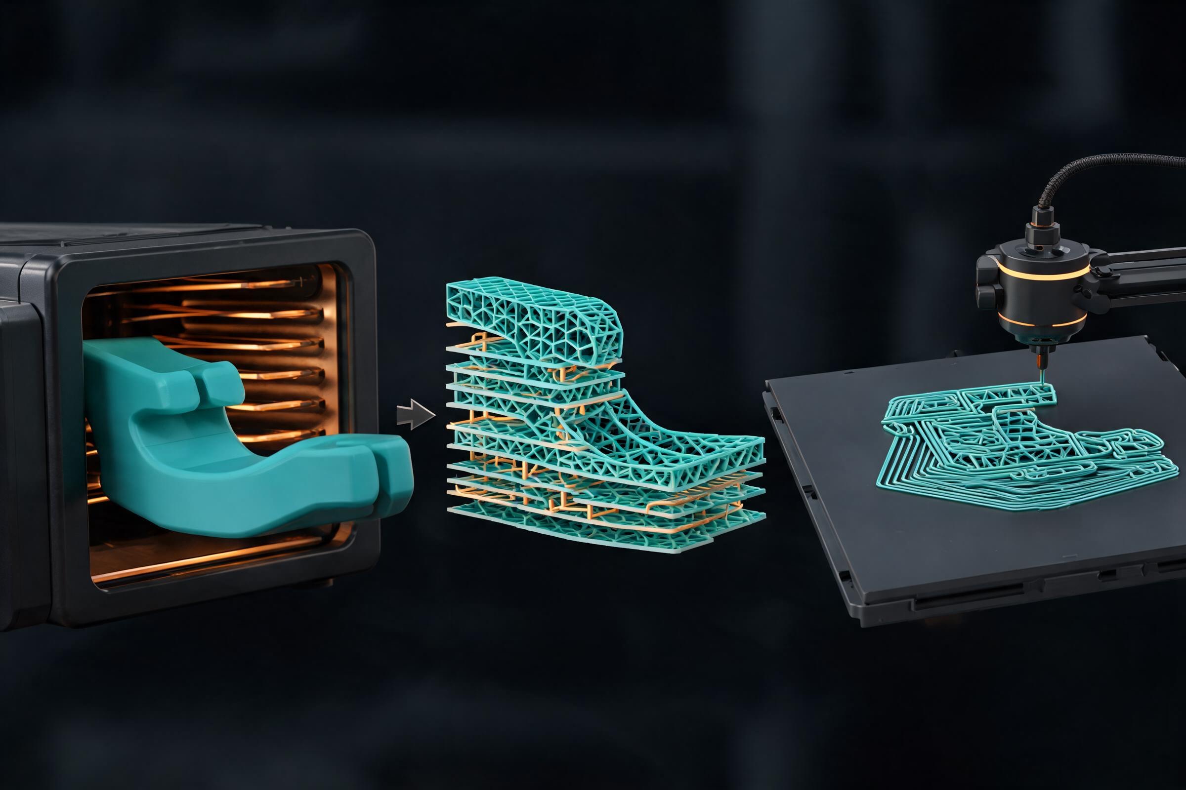 A computer model, layered wireframe form, and printer bed illustrate the handoff from digital geometry to a physical print.