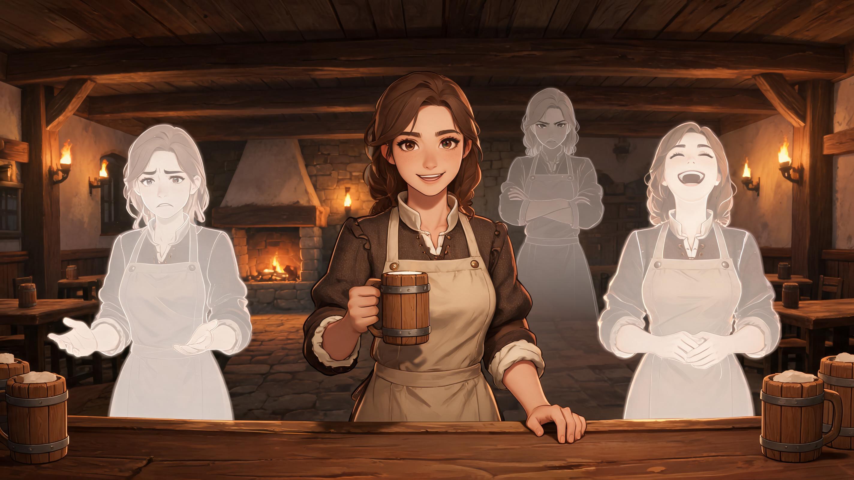 Tavern keeper concept shown with multiple emotional dialogue-state variants for an original game NPC.