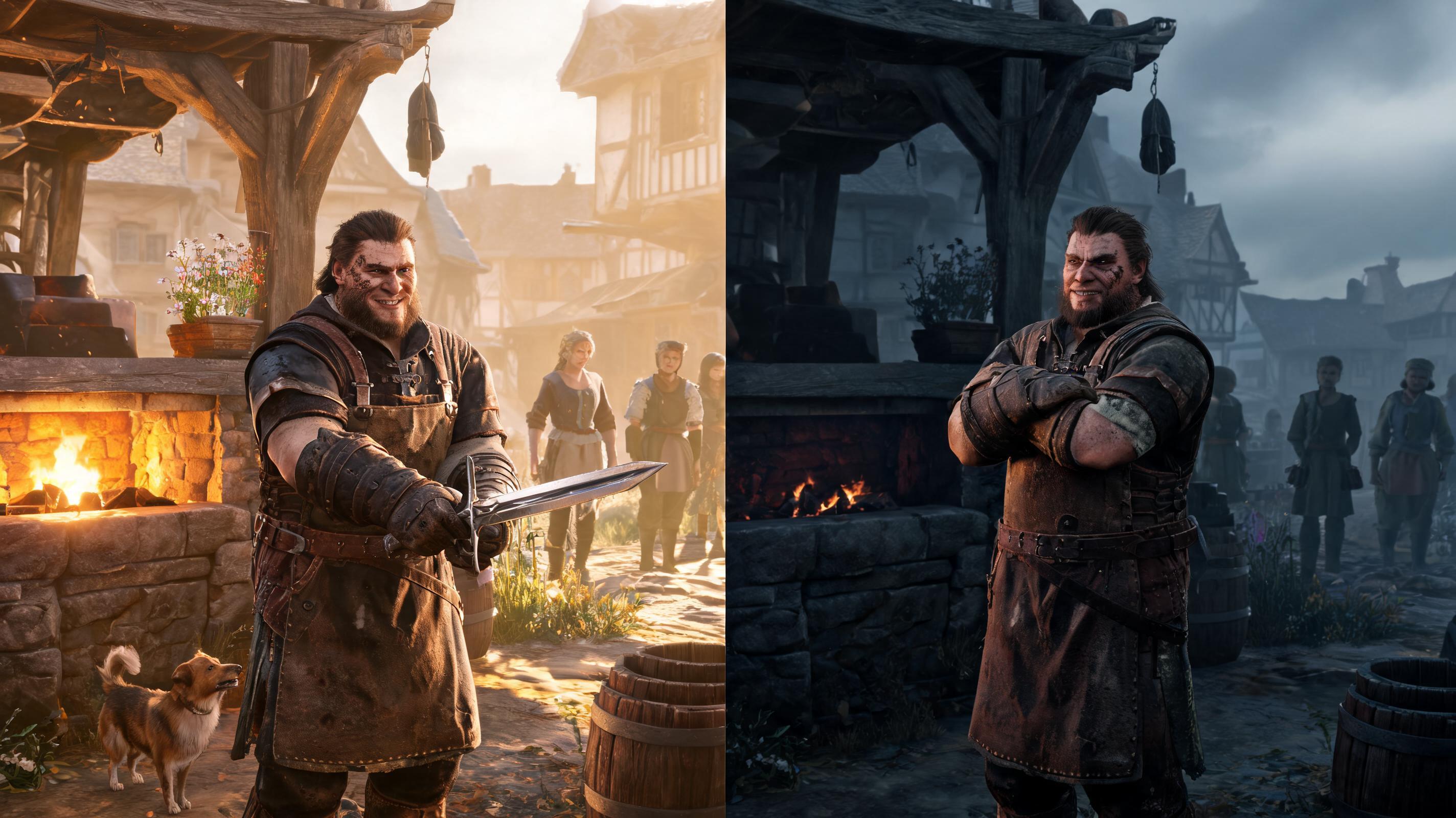 Blacksmith NPC concept shown in contrasting daylight and night scenes to compare context, tone, and production constraints.