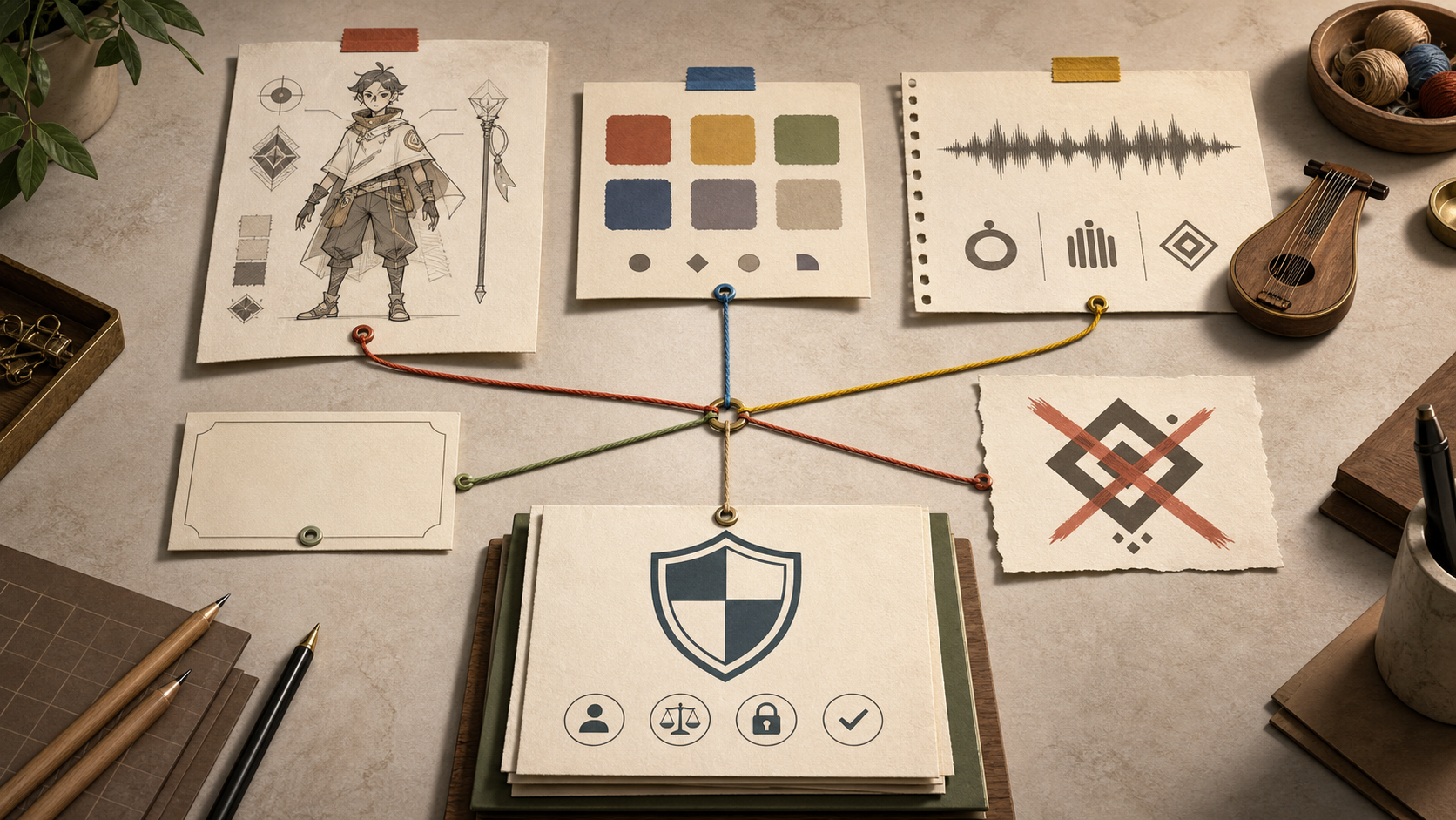Layered rights-review scene with an original character sketch, art palette, music sheet, blank name card, abstract crossed-out mark, and policy shield.