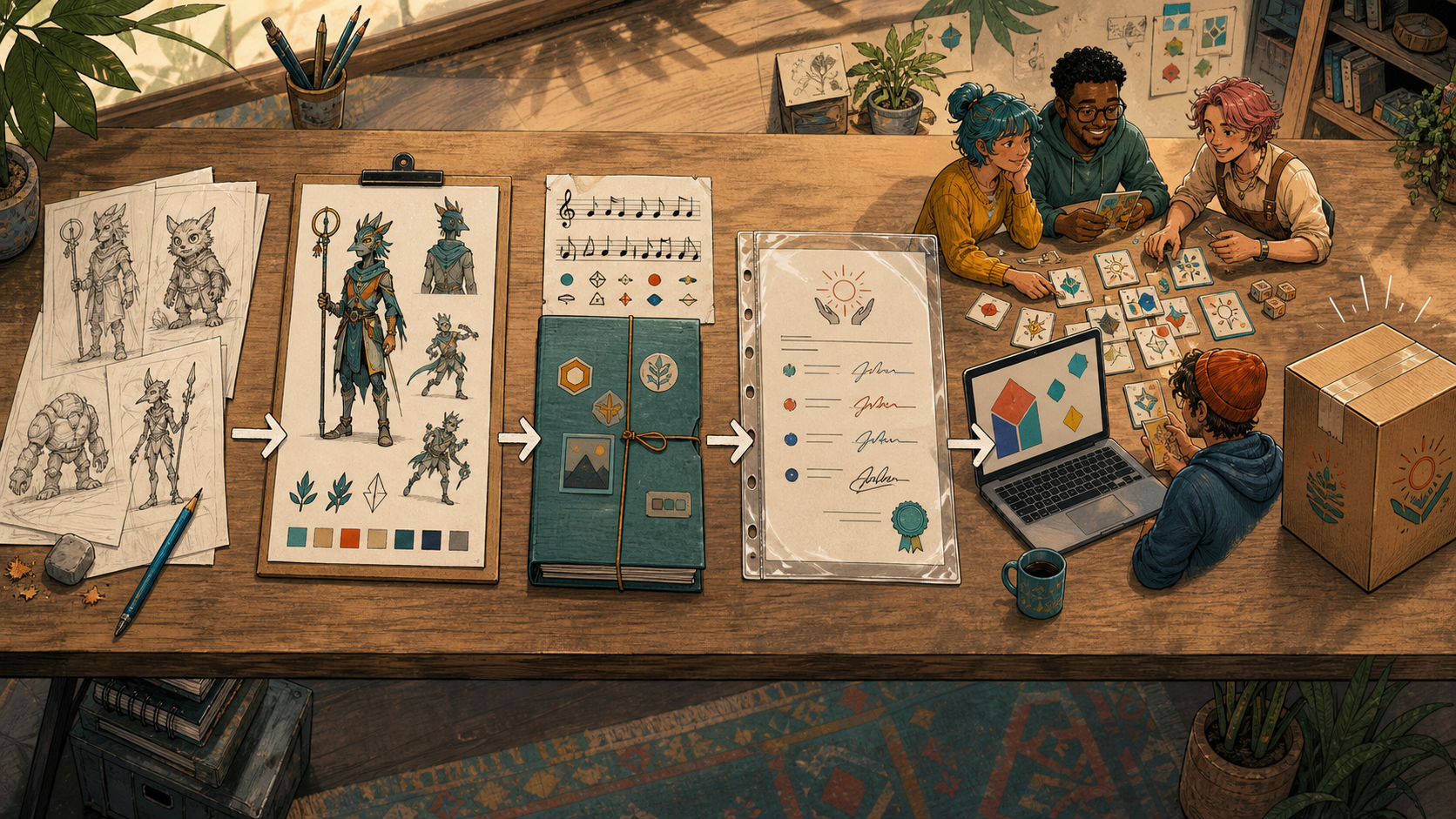 Safer release workflow from original character sketches and owned assets through a signed permission record, tabletop playtest, and publish package.