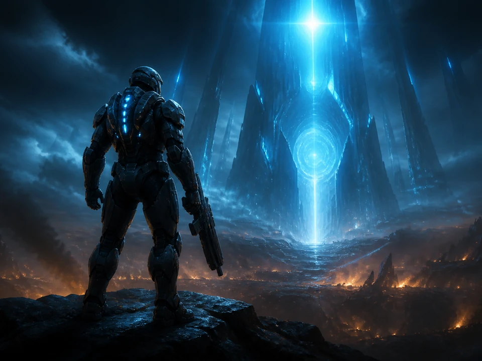 Cinematic sci-fi action game key visual with a strong armored silhouette, dramatic blue lighting, and one clear focal subject