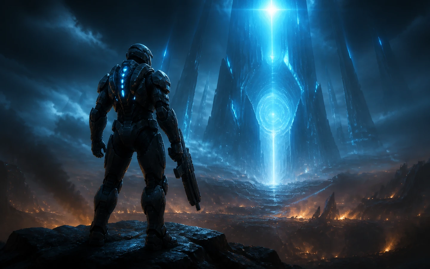 Exact prompt result: cinematic sci-fi action key visual with a strong armored silhouette, dramatic cyan lighting, and clean focal hierarchy