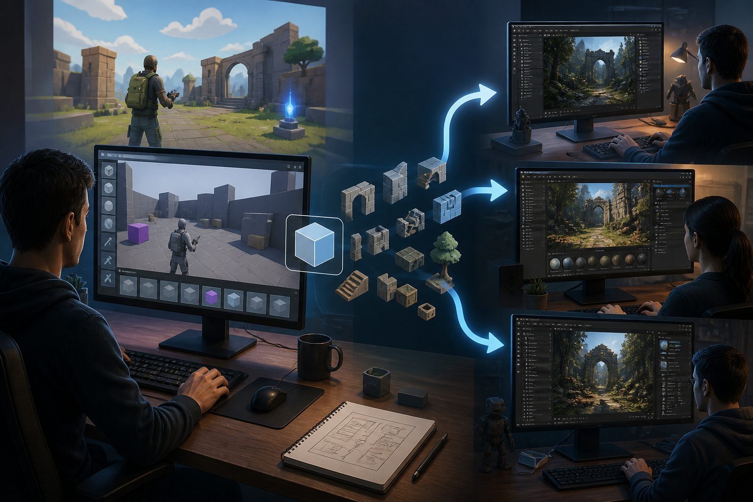 Polished game build shown across target screens with testing and release-check symbolism