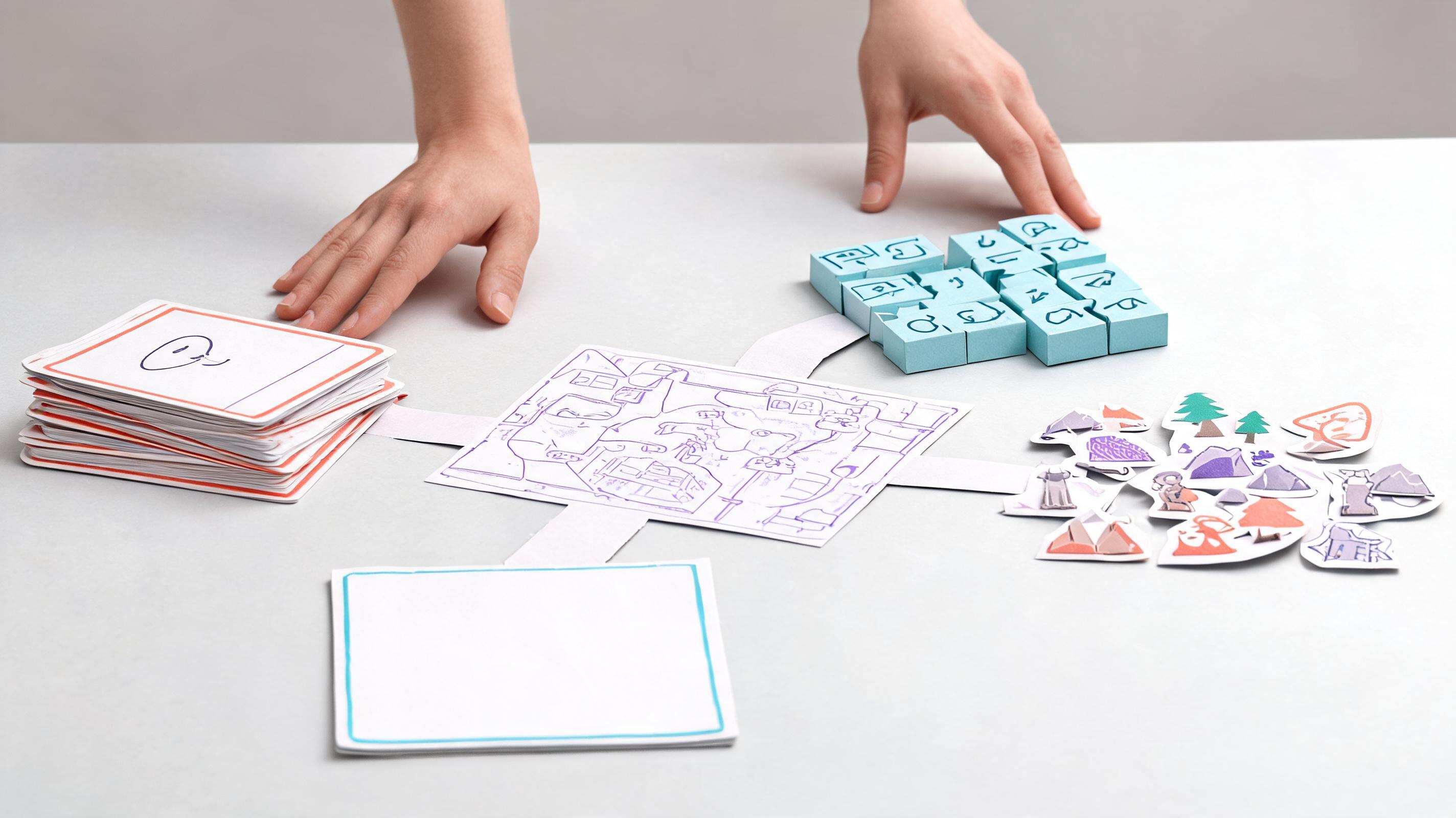 An original game blueprint branches into prompt cards, logic blocks, reusable assets, and a blank project board.