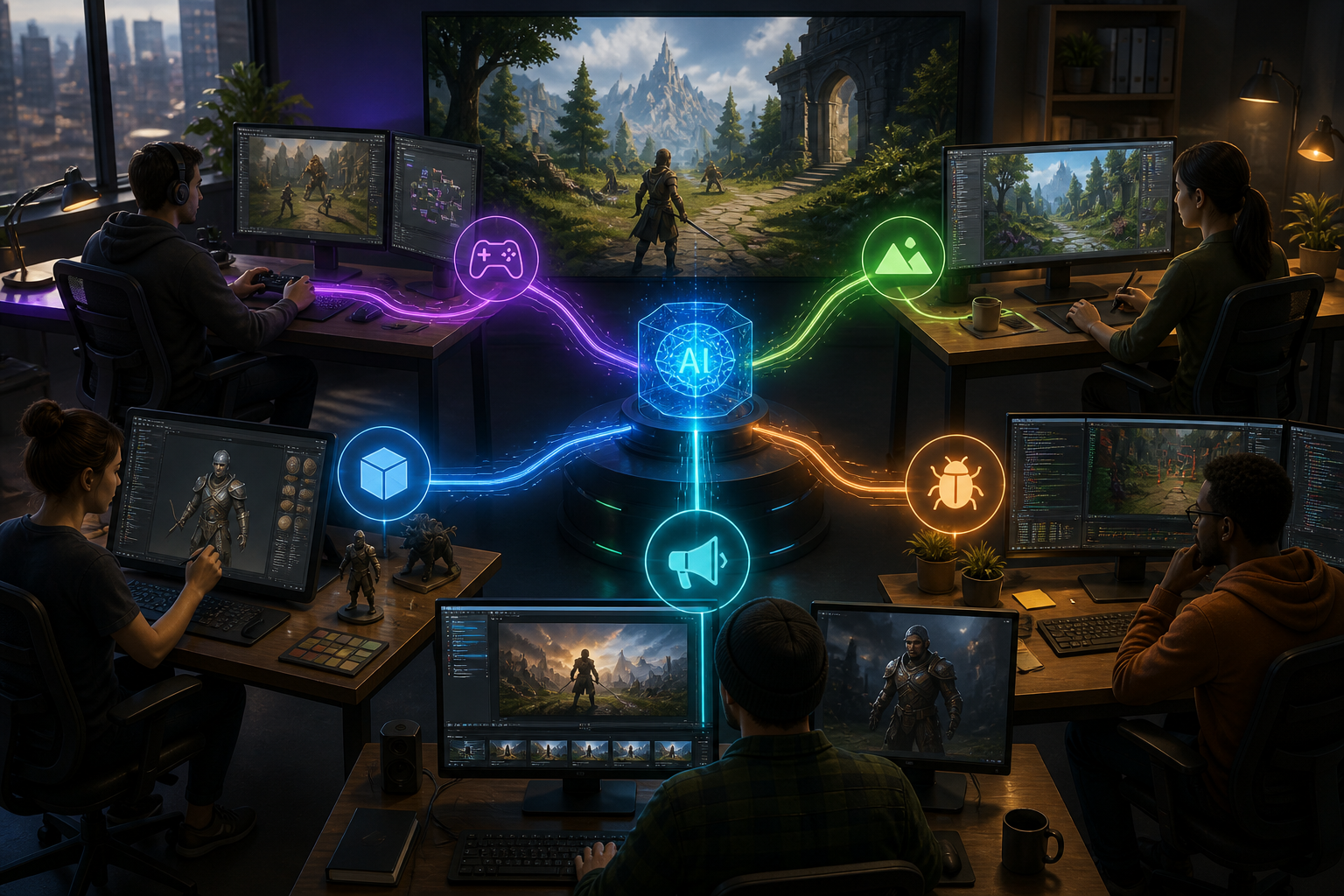 Parallel AI Game Production for Gameplay, Art, Bugs, and Promotion