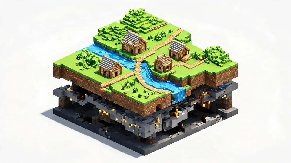 A layered pixel-block biome showing terrain, paths, buildings, water, and cave structure