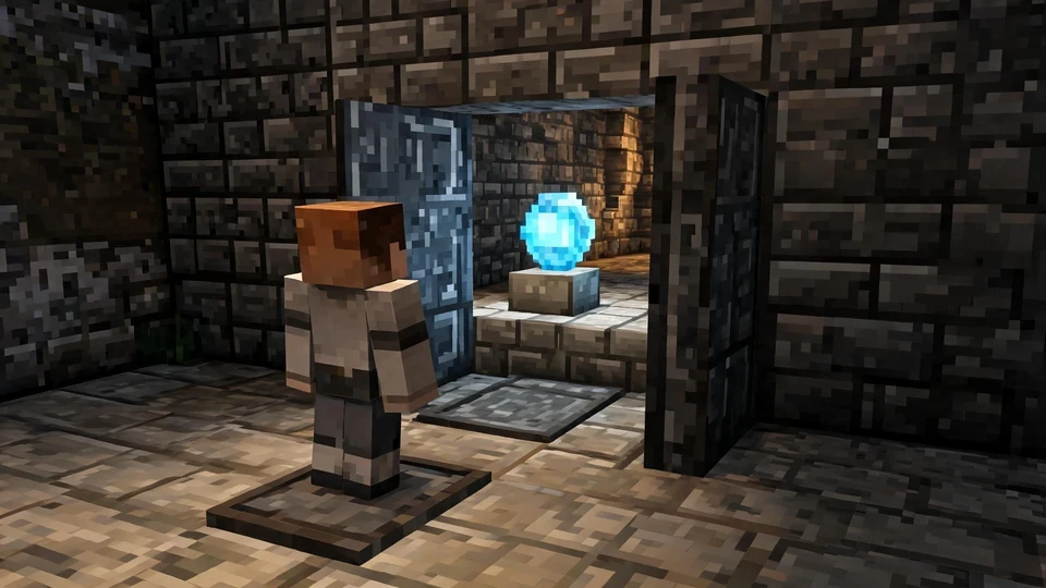 A pixel-block adventurer triggering a gate and crystal interaction inside a dungeon