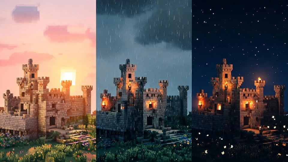 The same original pixel-block castle art direction shown at sunrise, in rain, and at night