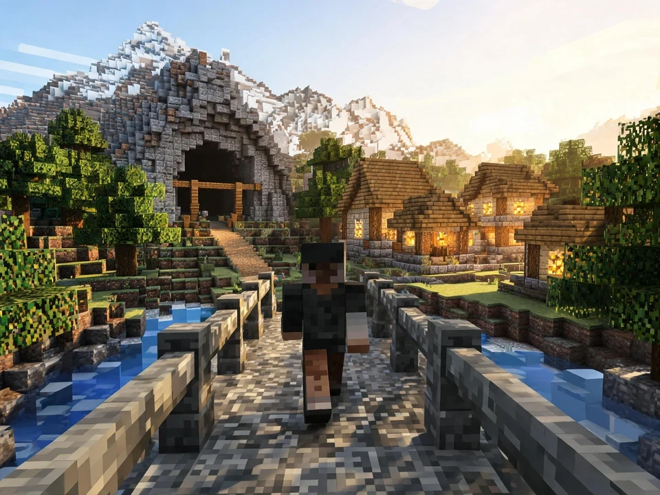 A playable original pixel-block village world with a bridge, river, mine, and explorer