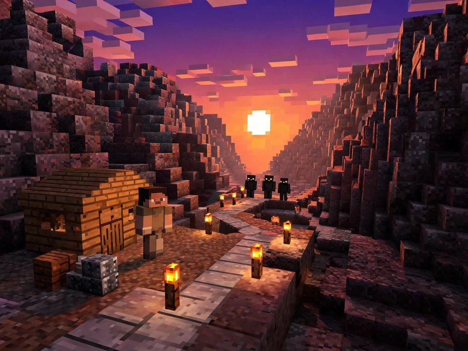 A dusk pixel-block survival level with a shelter, canyon path, and distant creatures