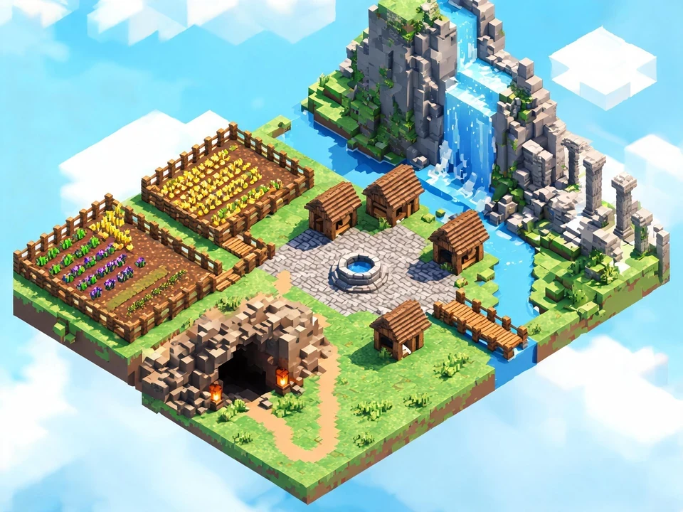 An aerial view of a playable pixel-block island with farms, ruins, waterfalls, and routes
