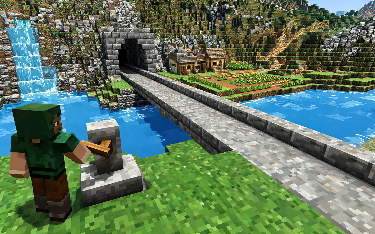 A playable original pixel-block world where an adventurer activates a bridge into a cave village