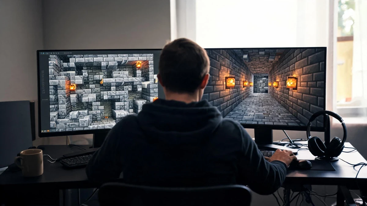 A creator testing an original pixel-block dungeon during a rapid game prototype workflow