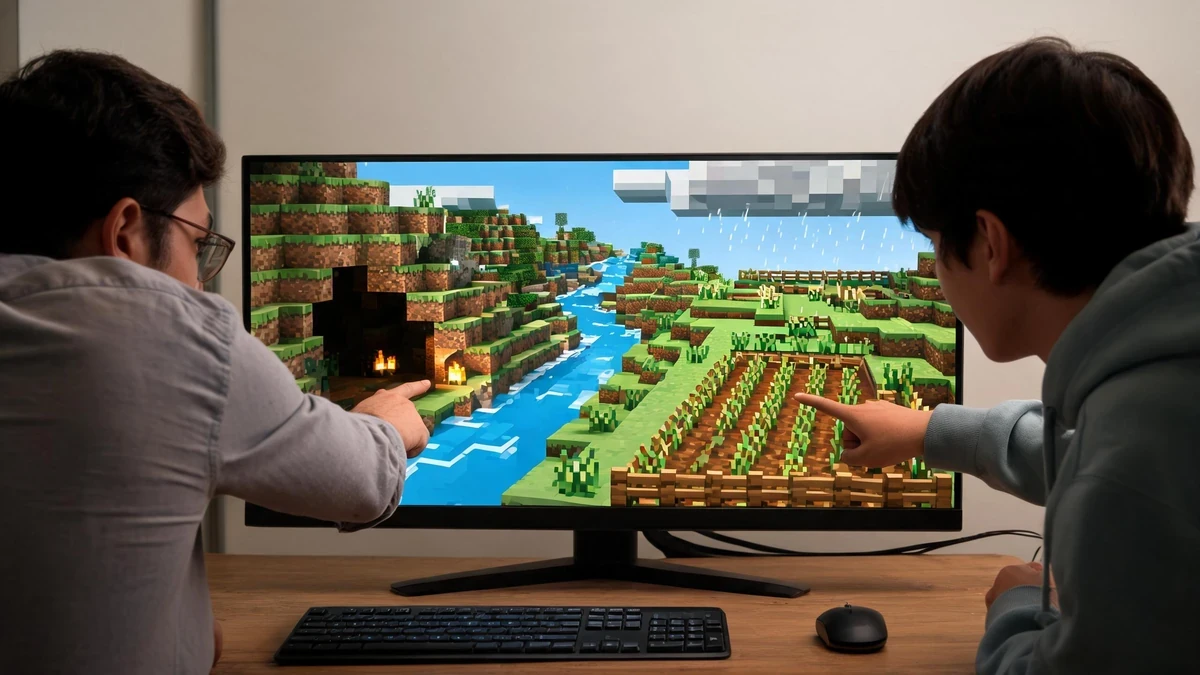 Two collaborators reviewing a pixel-block ecology world with a river, farm, and cave