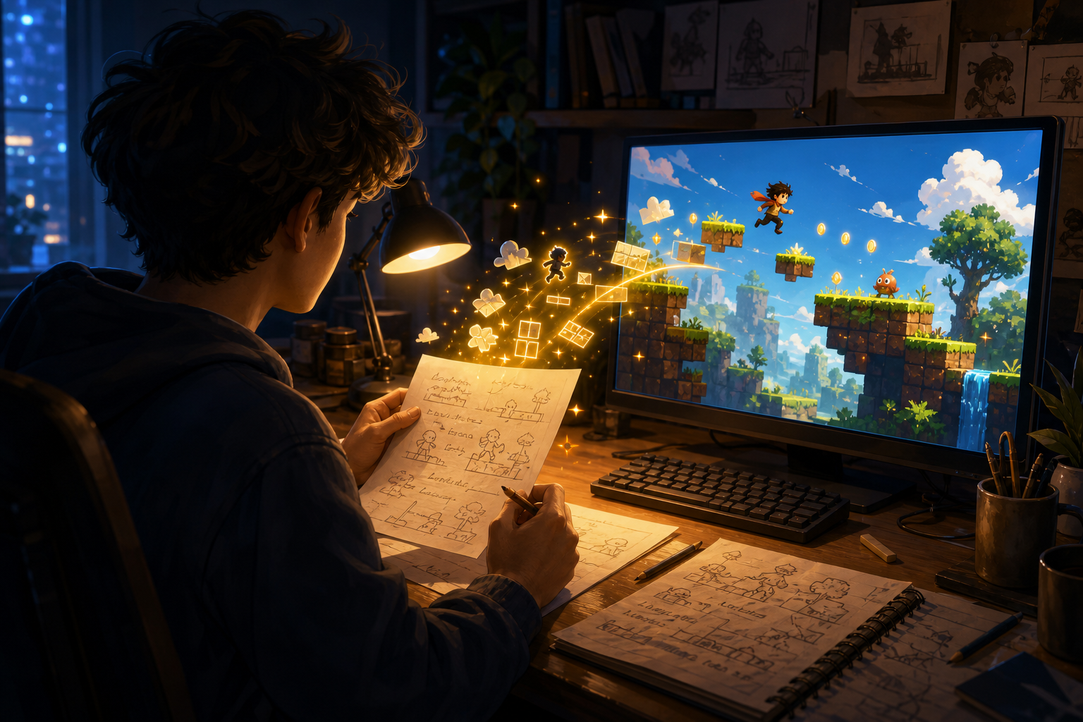 A beginner creator turns a plain-English game brief into a small playable game scene.