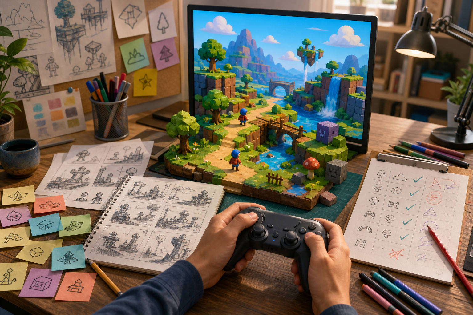 A visual workflow moves from a game brief to generation, playtesting, and focused revision.