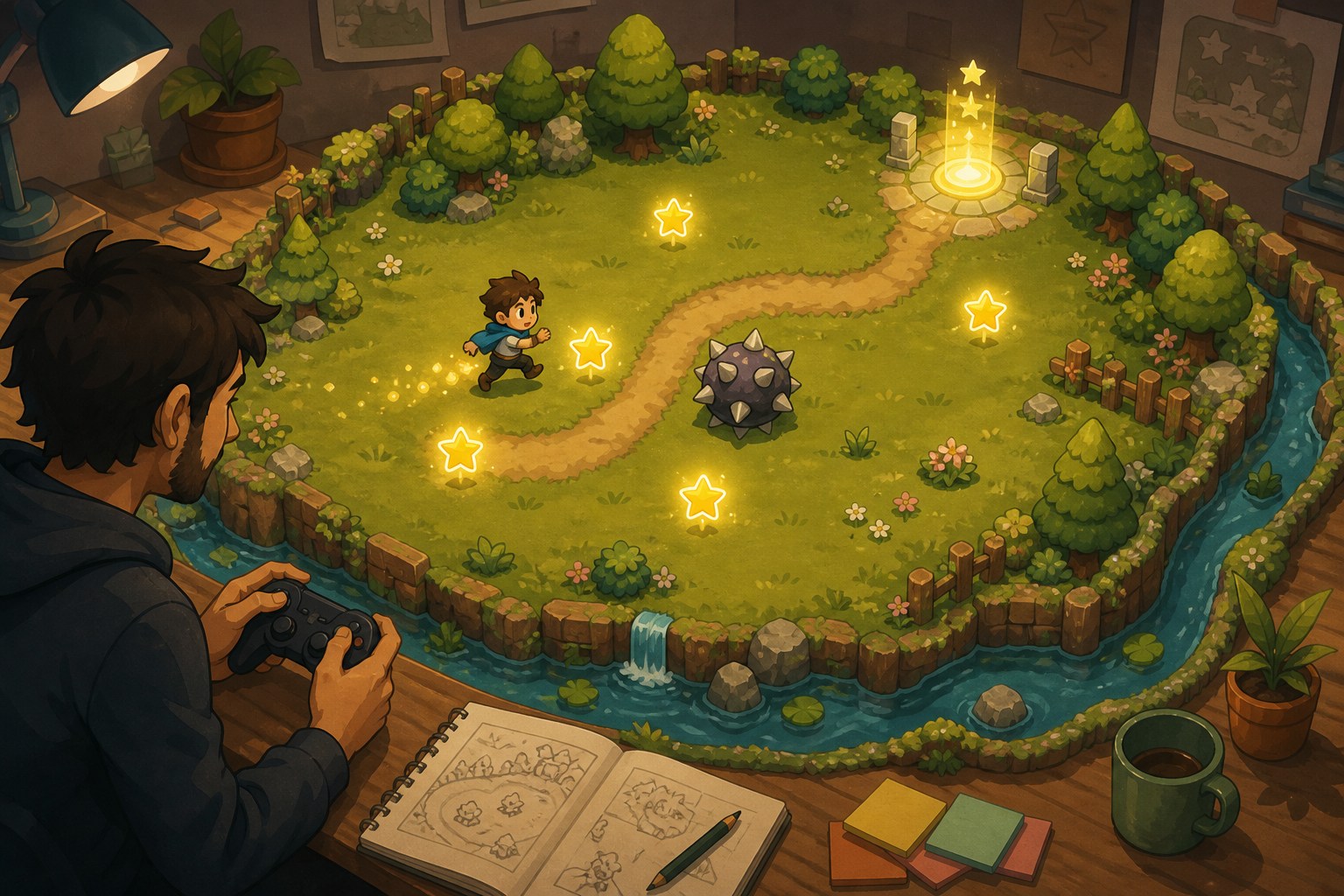 A creator playtests a compact game loop with collectibles, one obstacle, and a clear goal.