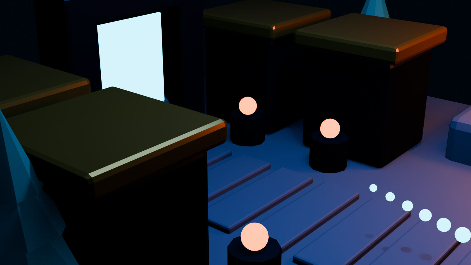 Alternate view of modular environment assets, interaction beacons, path, and animated portal