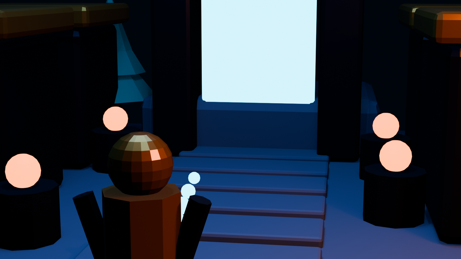 Player-level view of a stylized character approaching interaction beacons and a portal