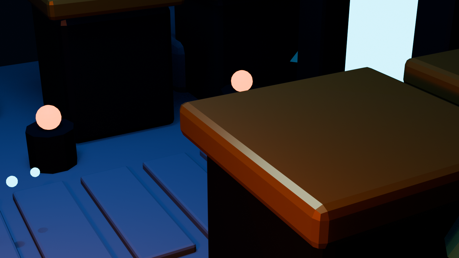 Alternate world-building view showing modular structures, a traversable path, interaction beacons, and a portal