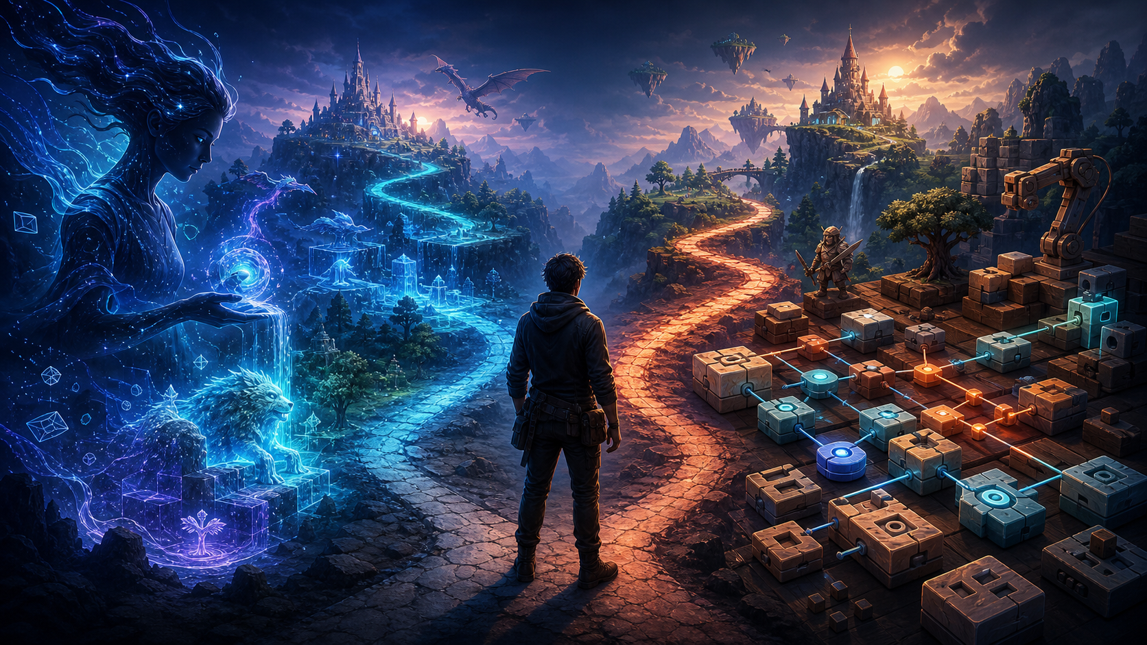 AI-assisted generation and structured no-code building shown as two paths to a game world