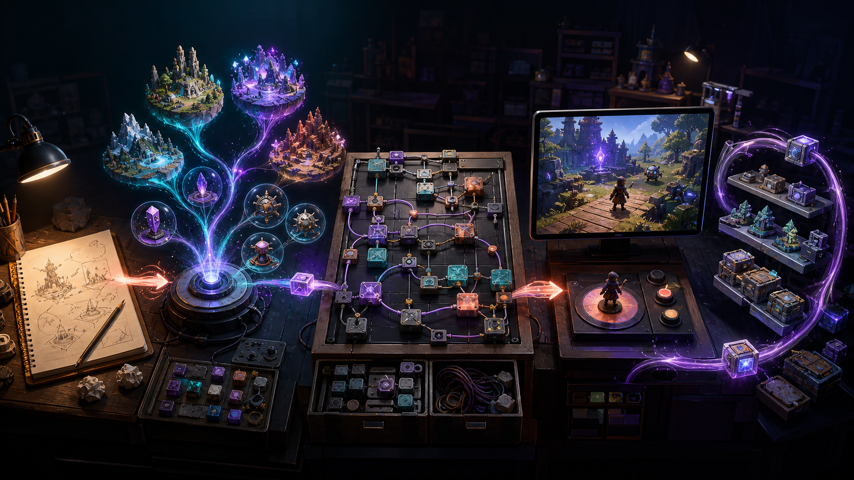 A hybrid game workflow moving from ideas through AI generation, structured logic, testing, and reusable components