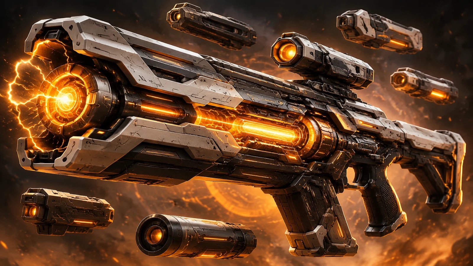 Illustrative sci-fi weapon concept render used as the AI 3D weapon generator cover