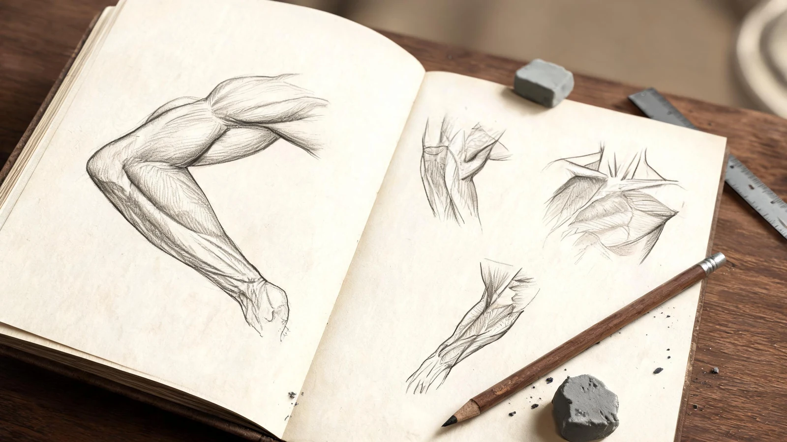 Close-up anatomy study drawings concept image with crisp subject focus