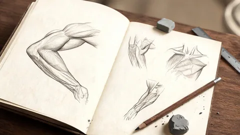 Close-up anatomy study drawings concept image with crisp subject focus