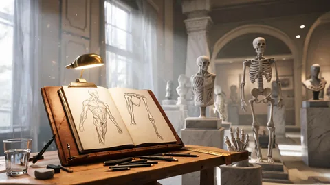 Wide-scene anatomy study drawings visual with strong foreground and background separation