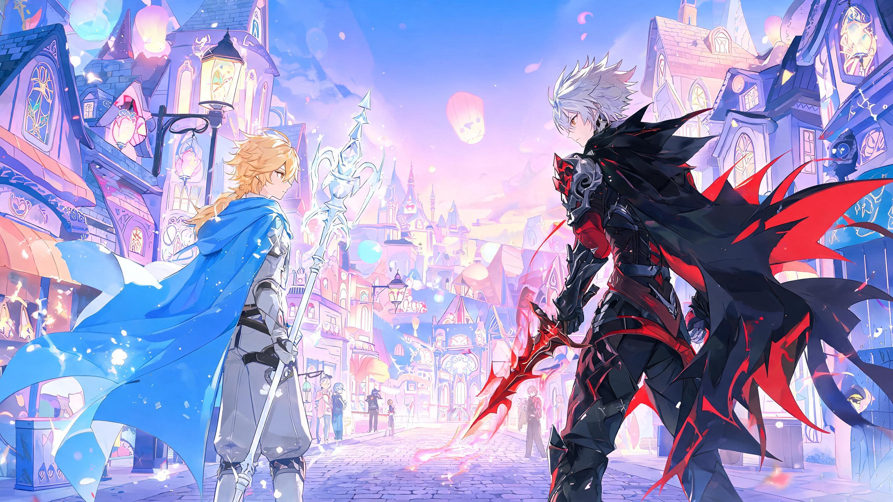 Two original anime-style rivals facing each other in a luminous fantasy city for a branching game-world encounter.