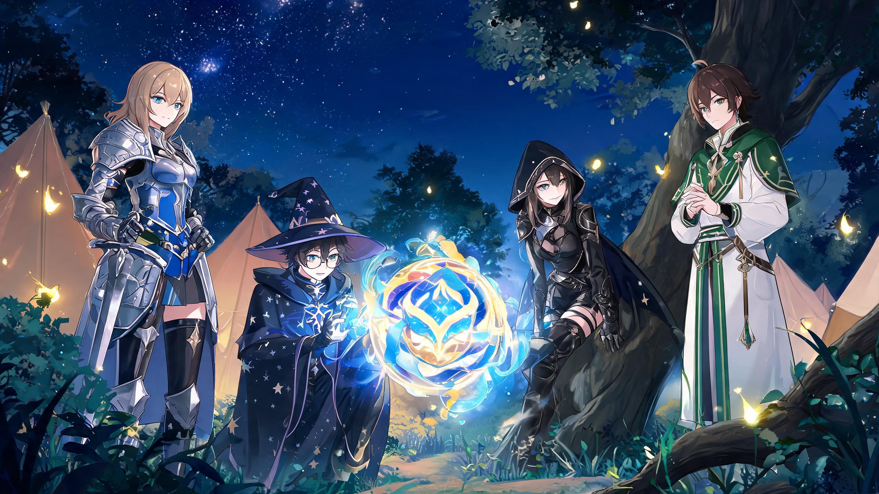 Original anime-style adventuring party gathered around a magical light in a forest game world.