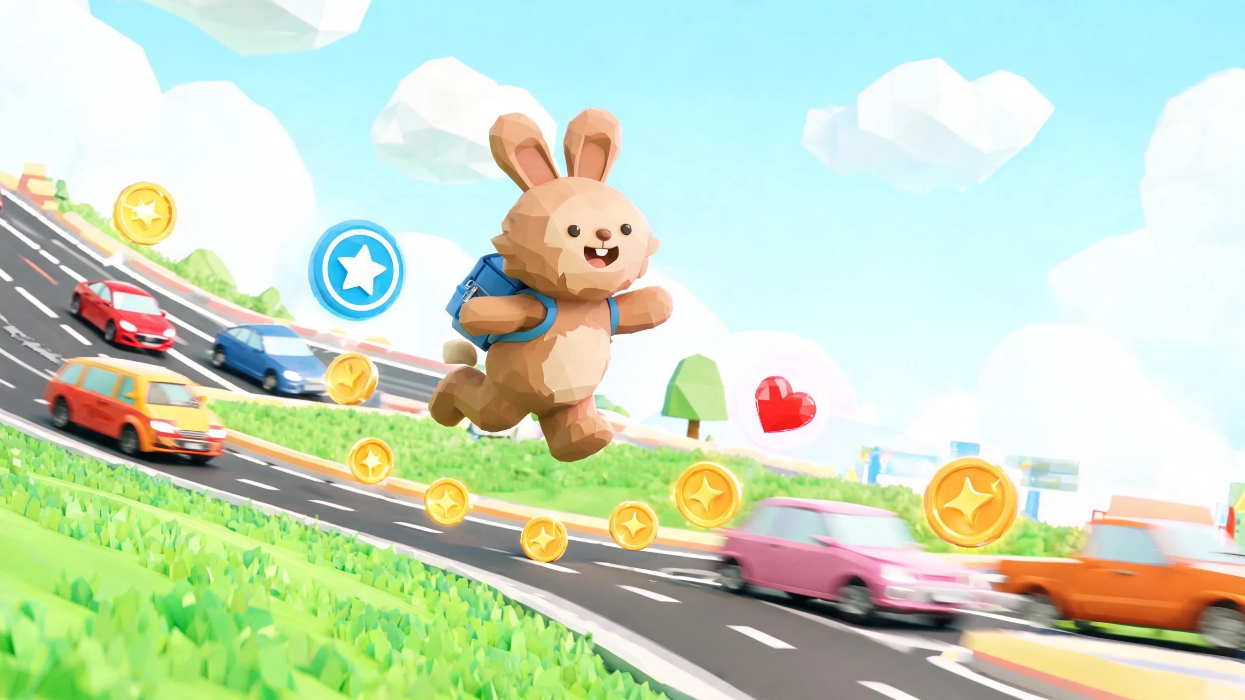 Concept cover illustration of a stylized voxel character crossing bright traffic lanes in an arcade world; concept art, not gameplay.