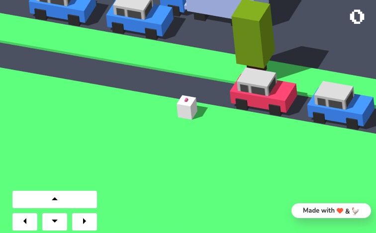 Real gameplay capture of a Three.js Crossy Road-style scene with a voxel chicken approaching moving cars across traffic lanes.