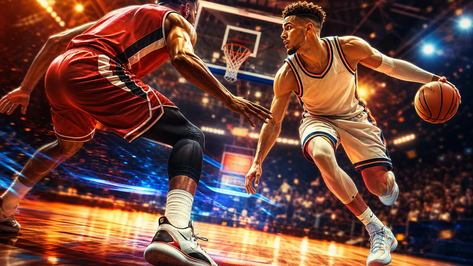 Two basketball players in a one-on-one duel in an arena, concept cover art