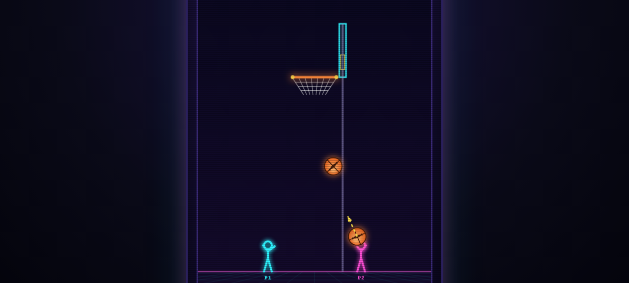 Real one-on-one browser basketball gameplay: two players, hoop, and a physics shot in flight, from the open-source HOOPS '88 game