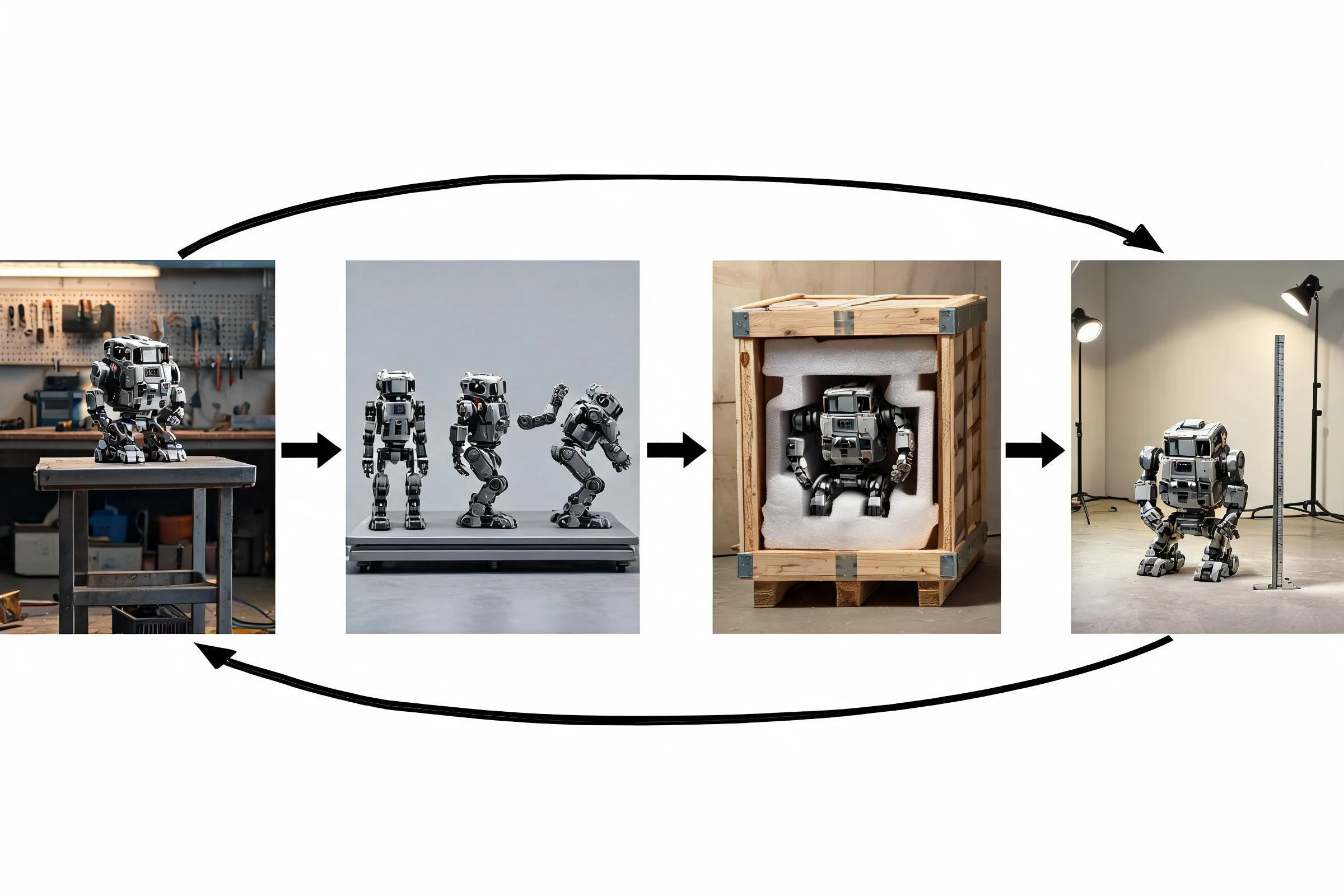 A robot asset moving through creation, motion, packing, and validation stages