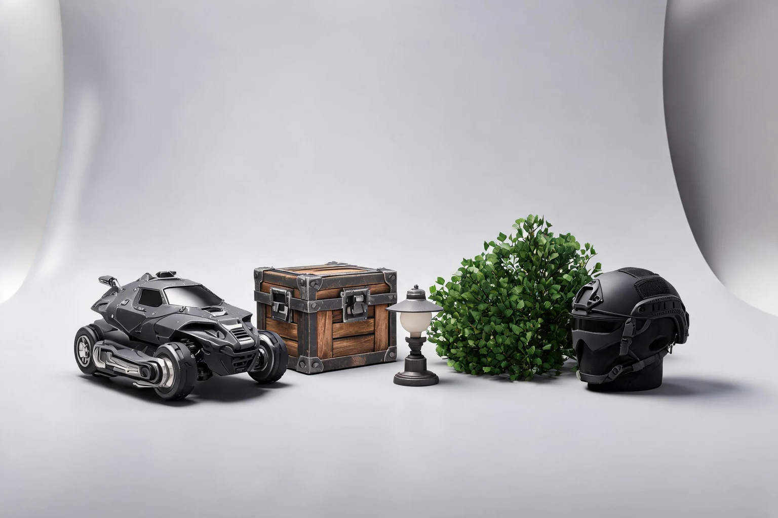 A set of game-ready 3D props showing different asset categories