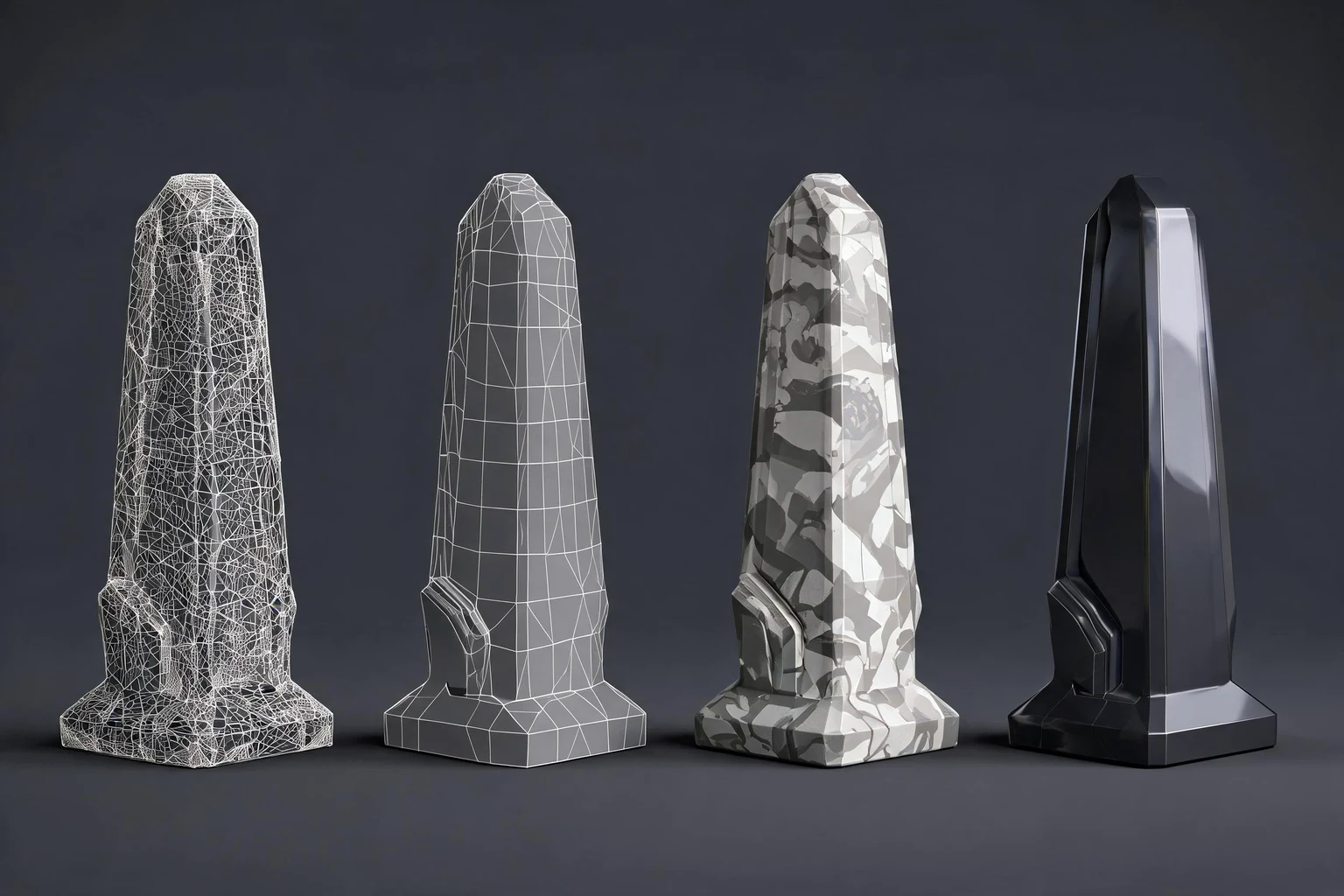 One prop shown from wireframe through low-poly, textured, and finished stages