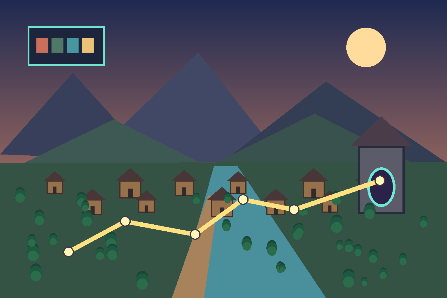 Spatial layout pass showing a readable route through a 3D world prototype