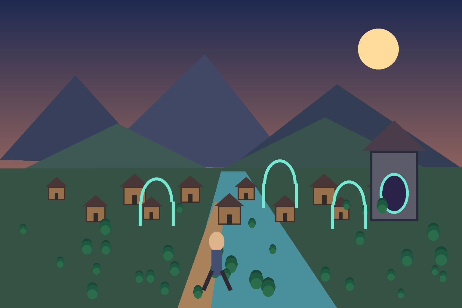 Playtest view of a rough explorable world with destination landmarks