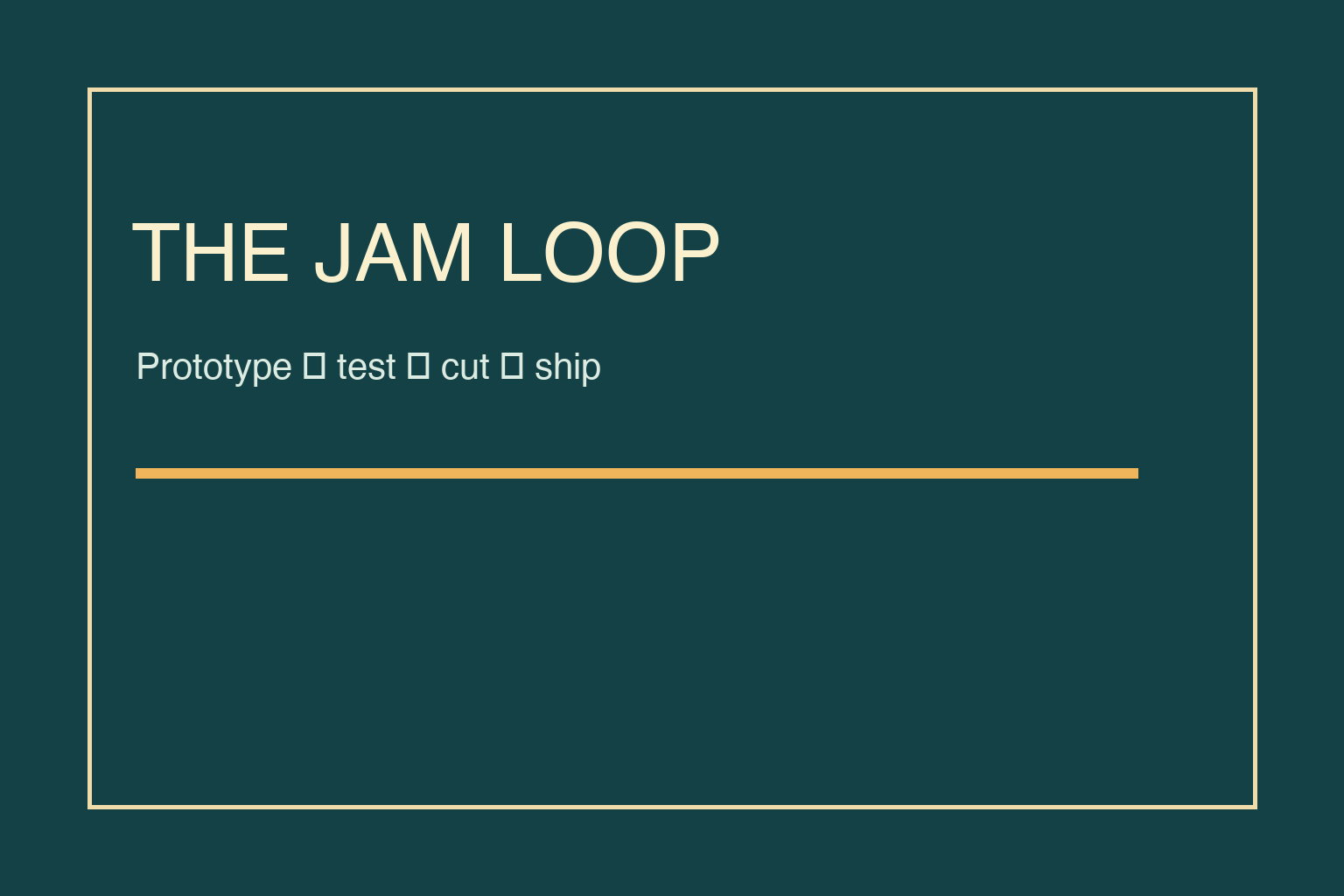 A weekend game-jam workflow moving from prototype to test to cut to ship